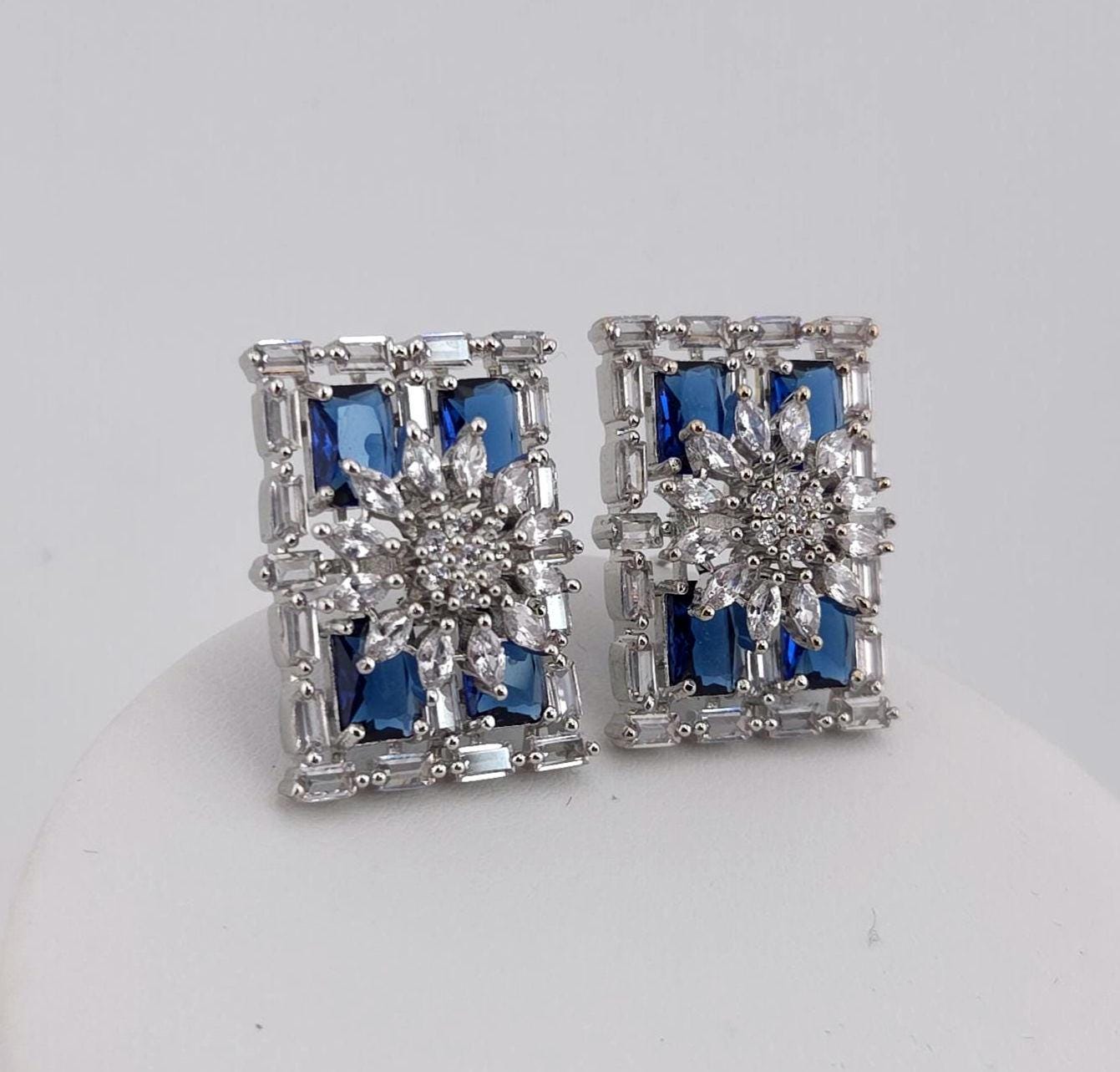 Rectangle CZ Stud Earrings – Geometric Bridal Statement, Blue, Champagne or Clear