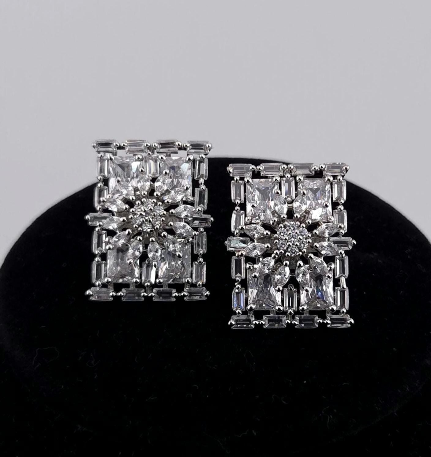 Rectangle CZ Stud Earrings – Geometric Bridal Statement, Blue, Champagne or Clear