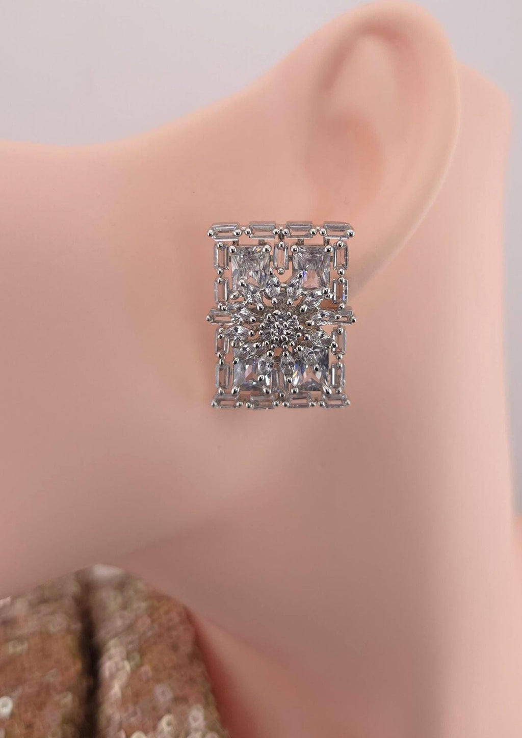 Rectangle CZ Stud Earrings – Geometric Bridal Statement, Blue, Champagne or Clear