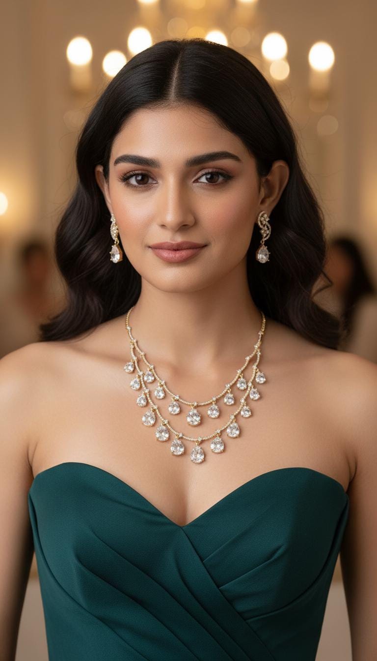 Gold Plated Layered Teardrop CZ Necklace Set with Earrings