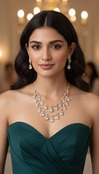 Gold Plated Layered Teardrop CZ Necklace Set with Earrings