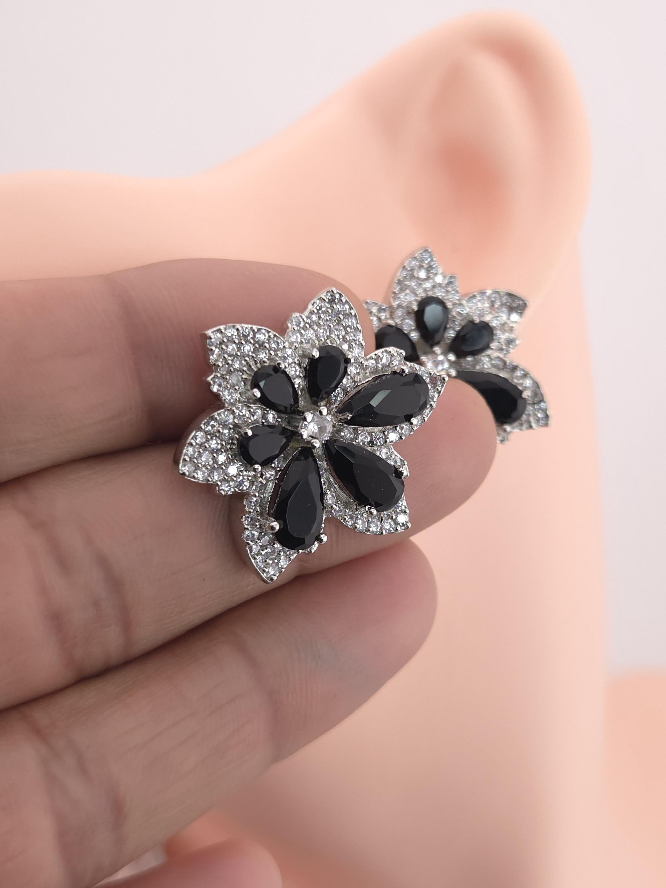 Floral CZ Statement Stud Earrings – Silver Plated, Red or Black Bridal Jewelry