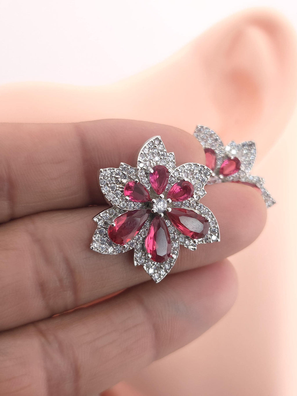 Floral CZ Statement Stud Earrings – Silver Plated, Red or Black Bridal Jewelry