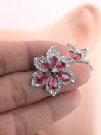 Floral CZ Statement Stud Earrings – Silver Plated, Red or Black Bridal Jewelry