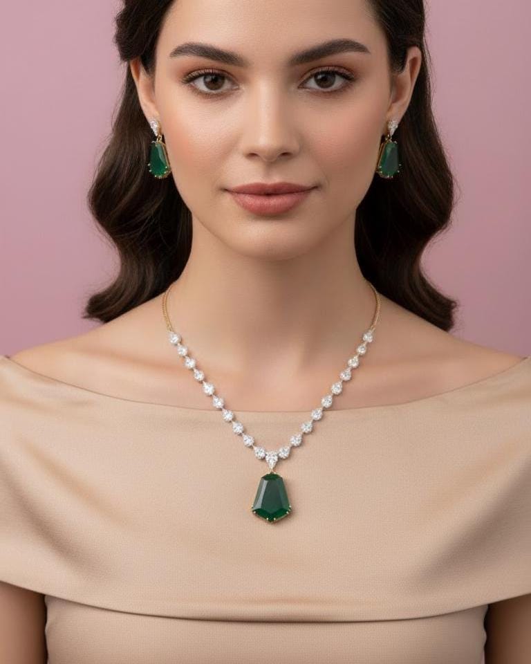 Bridal CZ Necklace Earrings Set, Emerald Green or Blush Pink, Gold/Silver Tone