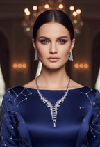 Blue Cubic Zirconia Bridal Necklace Set with Earrings, Silver-Tone Statement Jewelry