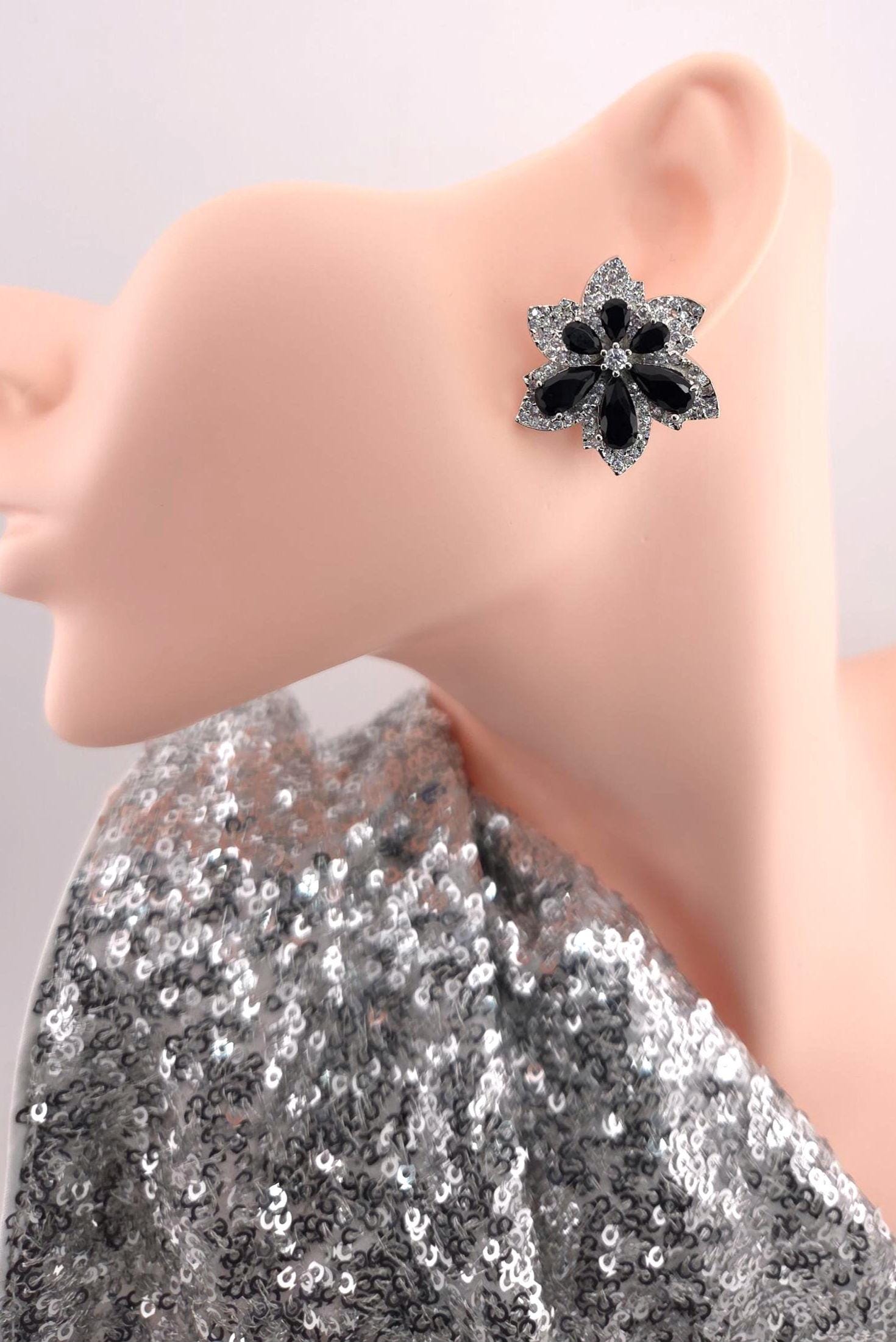 Floral CZ Statement Stud Earrings – Silver Plated, Red or Black Bridal Jewelry
