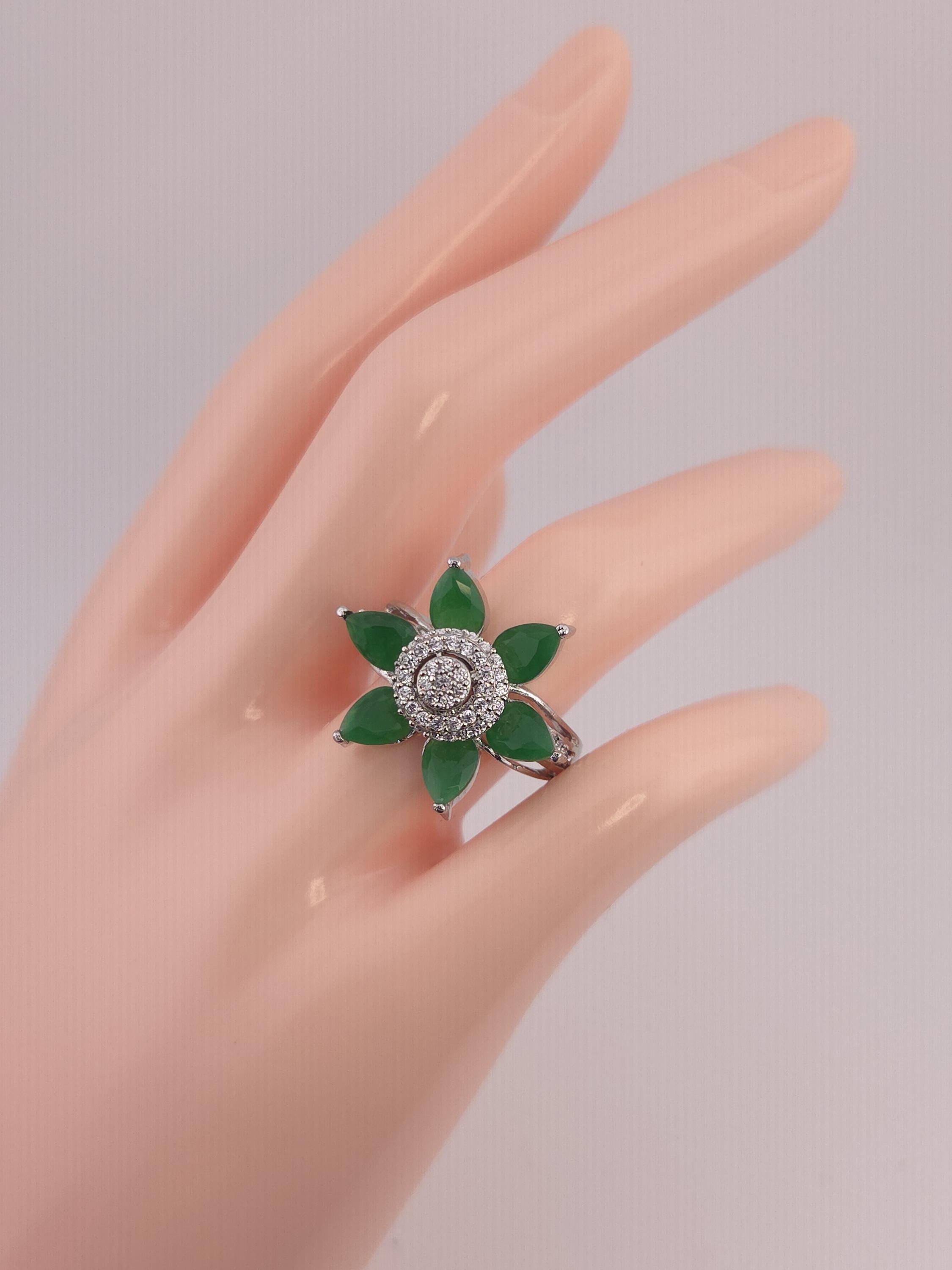 Adjustable Silver Plated Flower Ring, Cubic Zirconia Statement Cocktail Ring