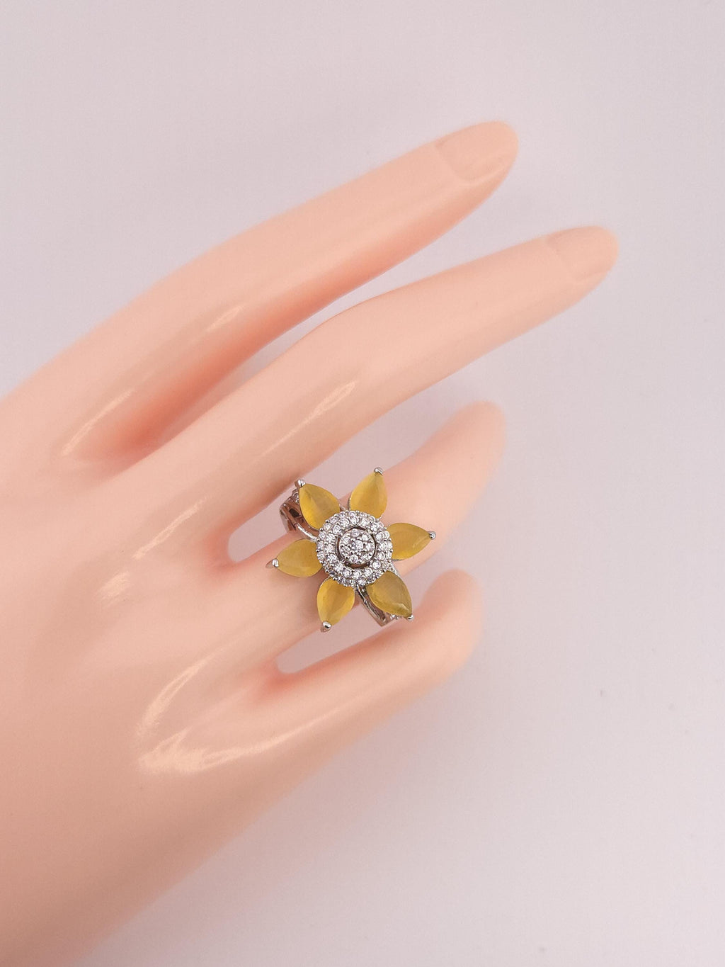 Adjustable Silver Plated Flower Ring, Cubic Zirconia Statement Cocktail Ring