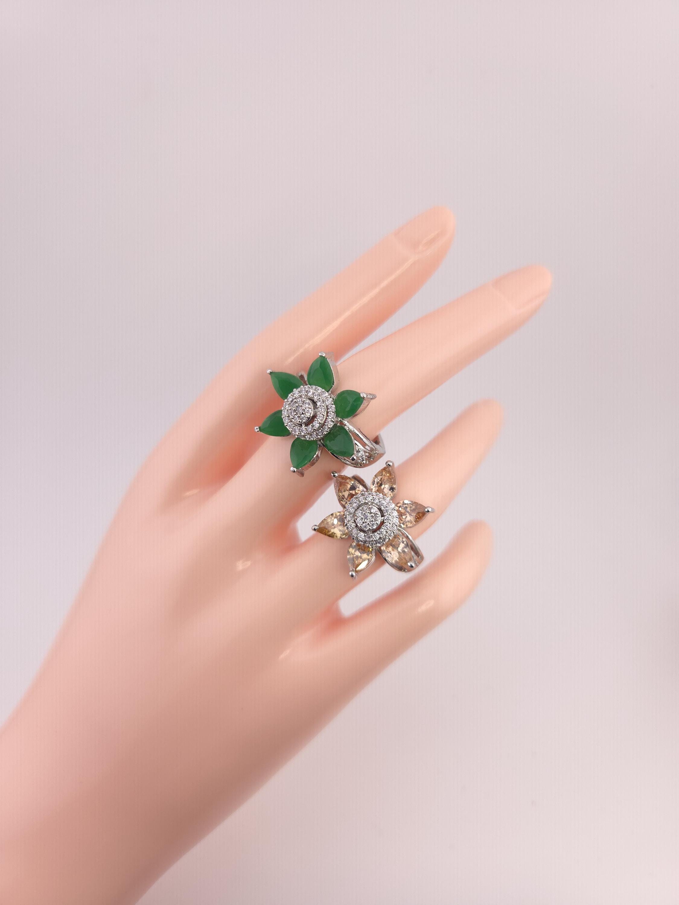 Adjustable Silver Plated Flower Ring, Cubic Zirconia Statement Cocktail Ring