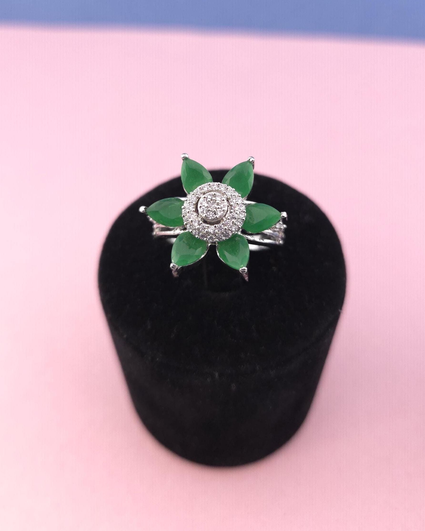 Adjustable Silver Plated Flower Ring, Cubic Zirconia Statement Cocktail Ring