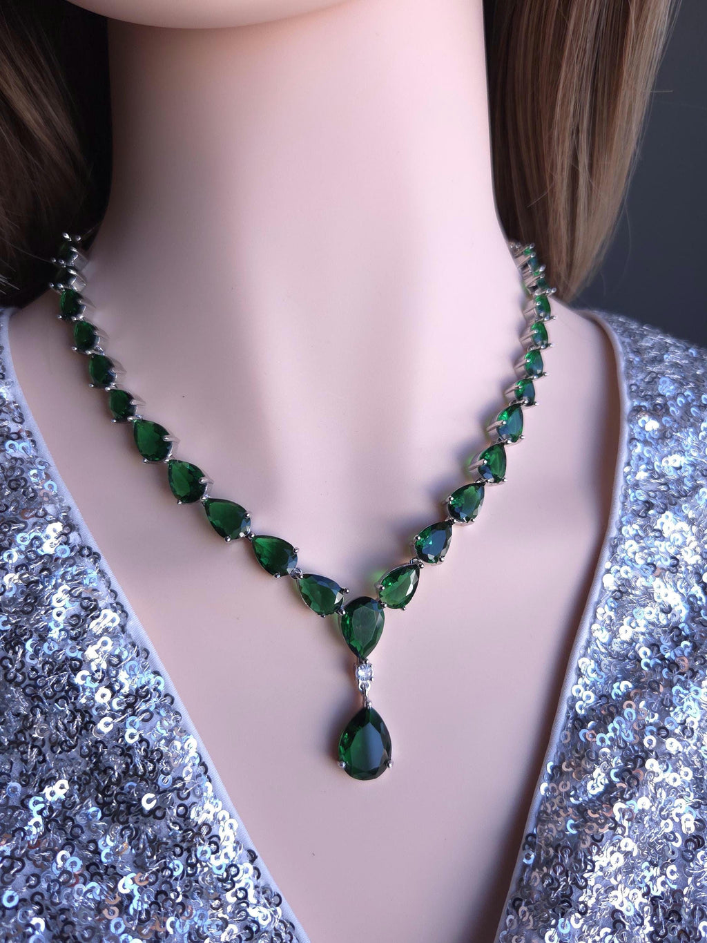 Emerald Green Teardrop Necklace Earrings Set, Silver Plated CZ Bridal Jewelry