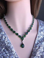 Emerald Green Teardrop Necklace Earrings Set, Silver Plated CZ Bridal Jewelry