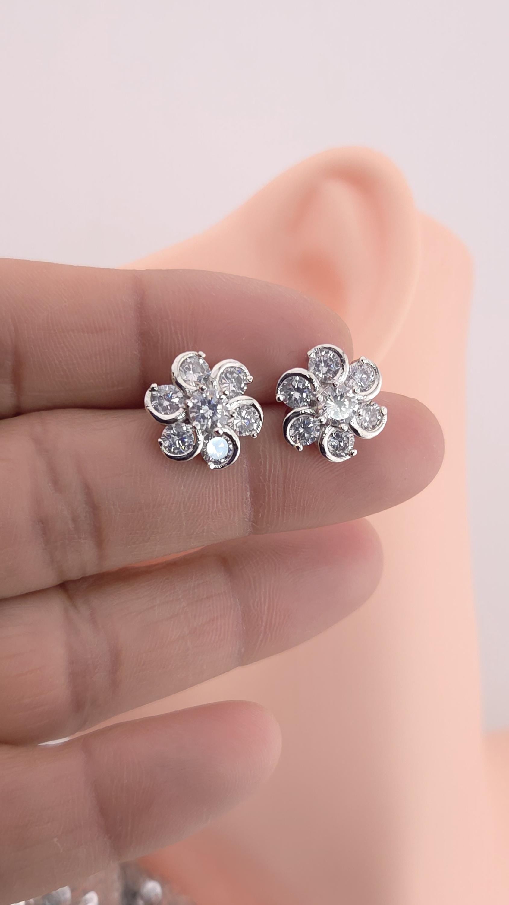 Silver Plated Floral CZ Stud Earrings – Elegant Wedding & Festive Jewelry