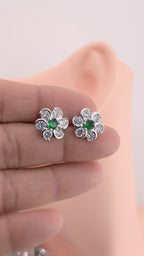 Silver Plated Floral CZ Stud Earrings – Elegant Wedding & Festive Jewelry