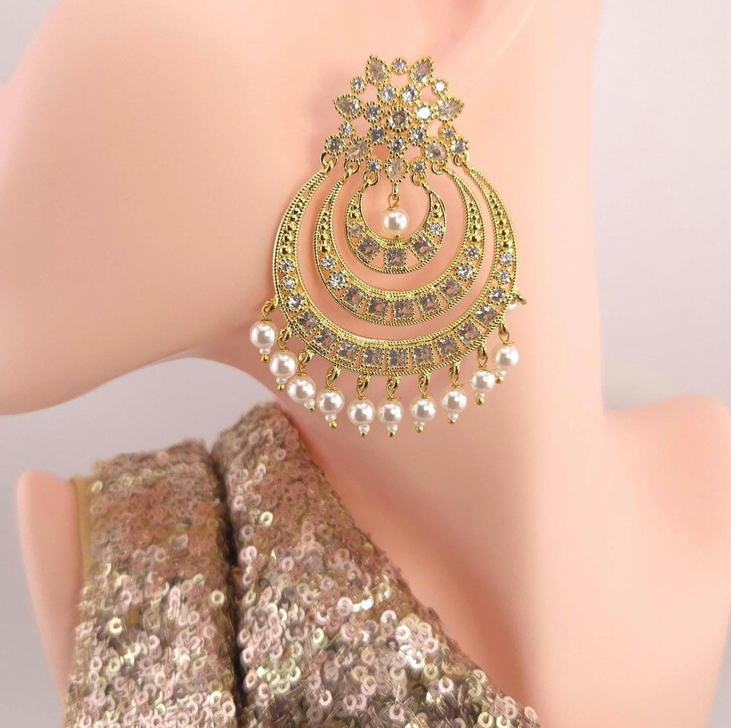 Gold Plated CZ Pearl Chandbali Earrings, Indian Bridal Statement Jewelry