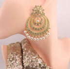 Gold Plated CZ Pearl Chandbali Earrings, Indian Bridal Statement Jewelry