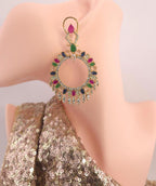 Gold Plated Filigree Chandbali Earrings, Multicolor CZ Statement Bridal Jewelry