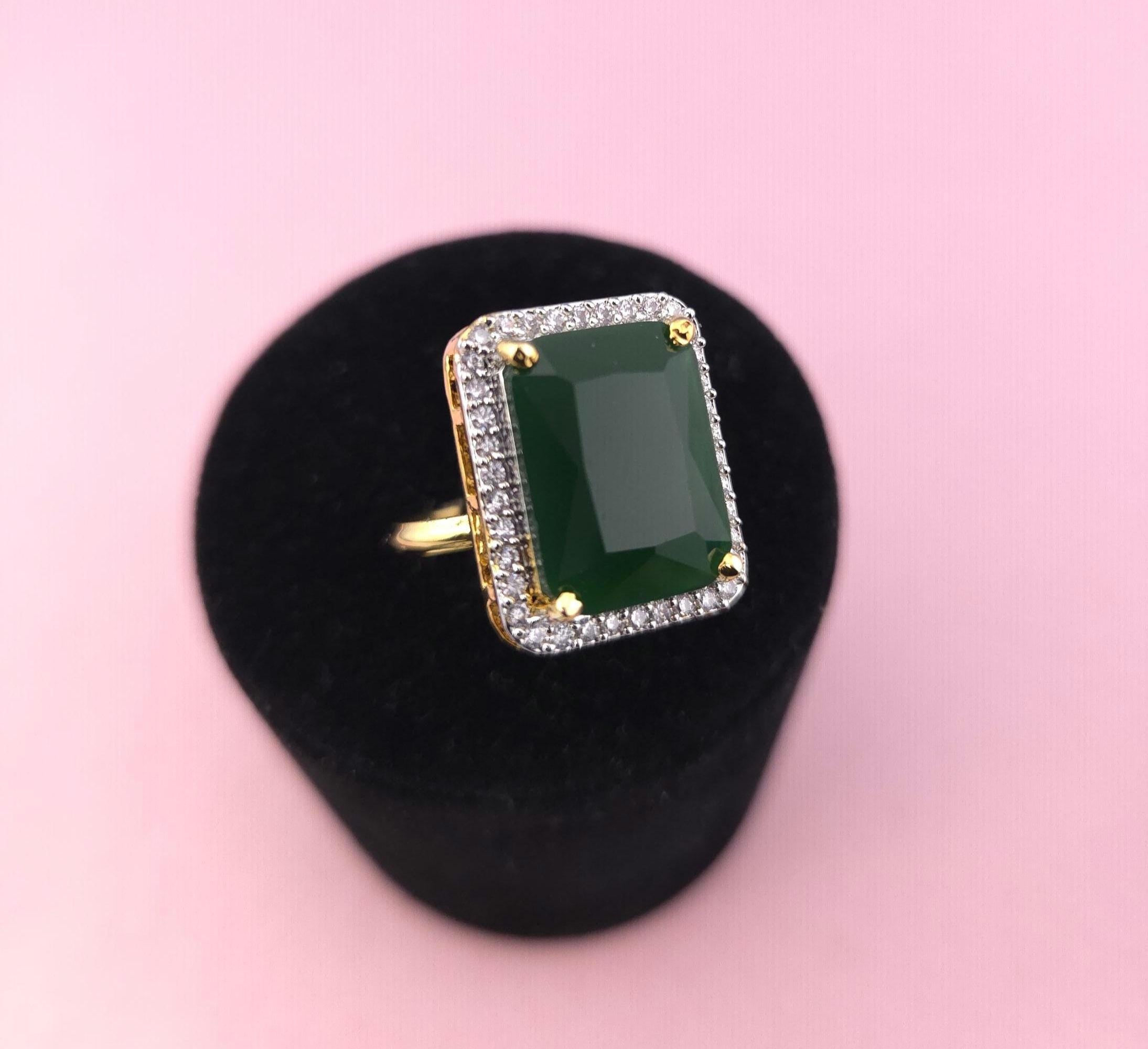 Gold Finish Emerald Cut CZ Statement Ring | Adjustable Indian Cocktail Ring