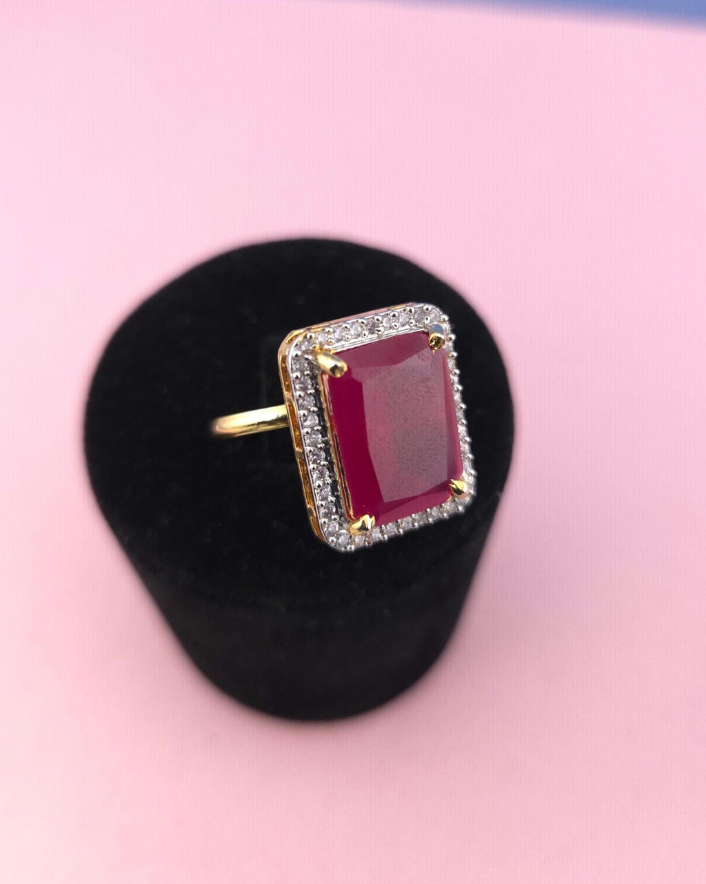 Gold Finish Emerald Cut CZ Statement Ring | Adjustable Indian Cocktail Ring
