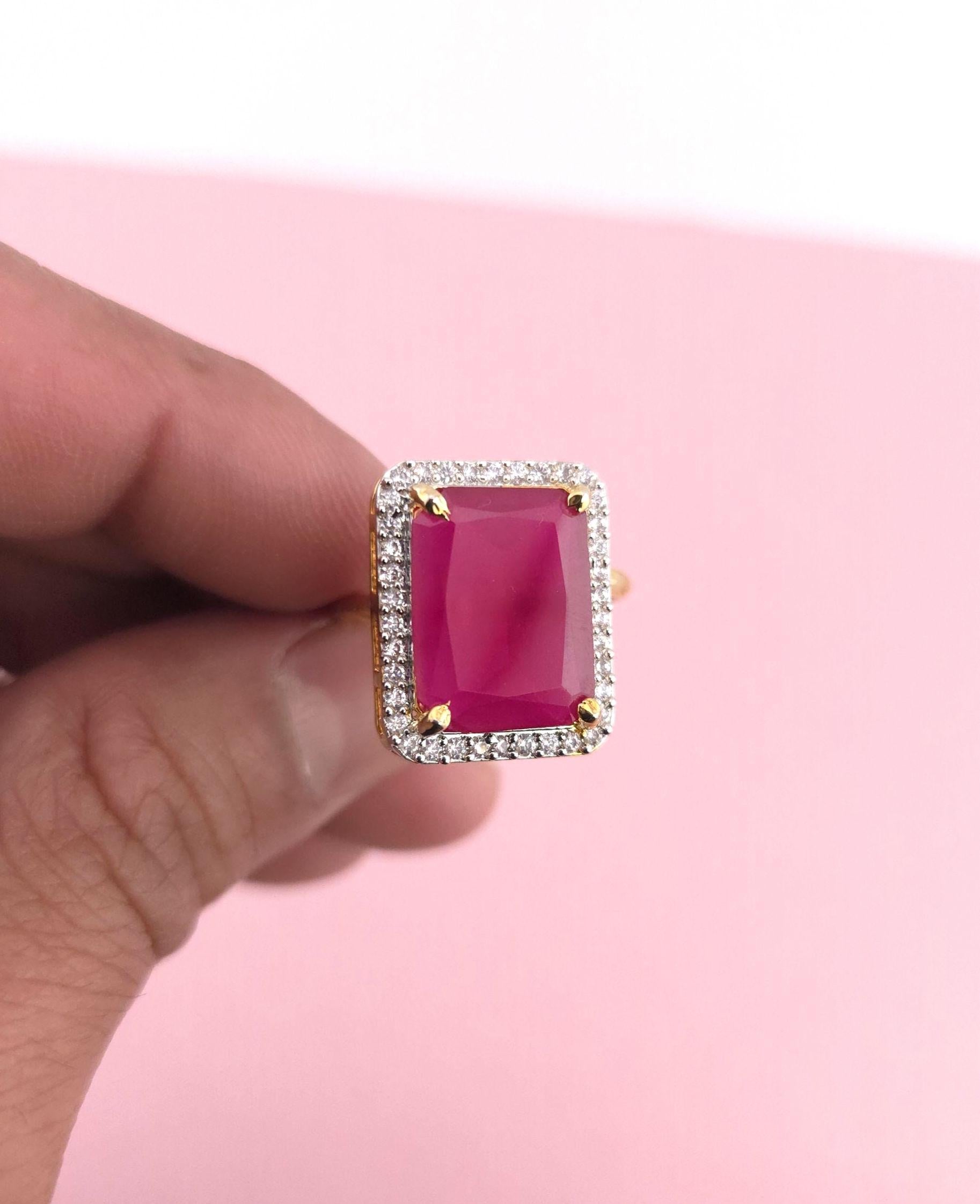 Gold Finish Emerald Cut CZ Statement Ring | Adjustable Indian Cocktail Ring