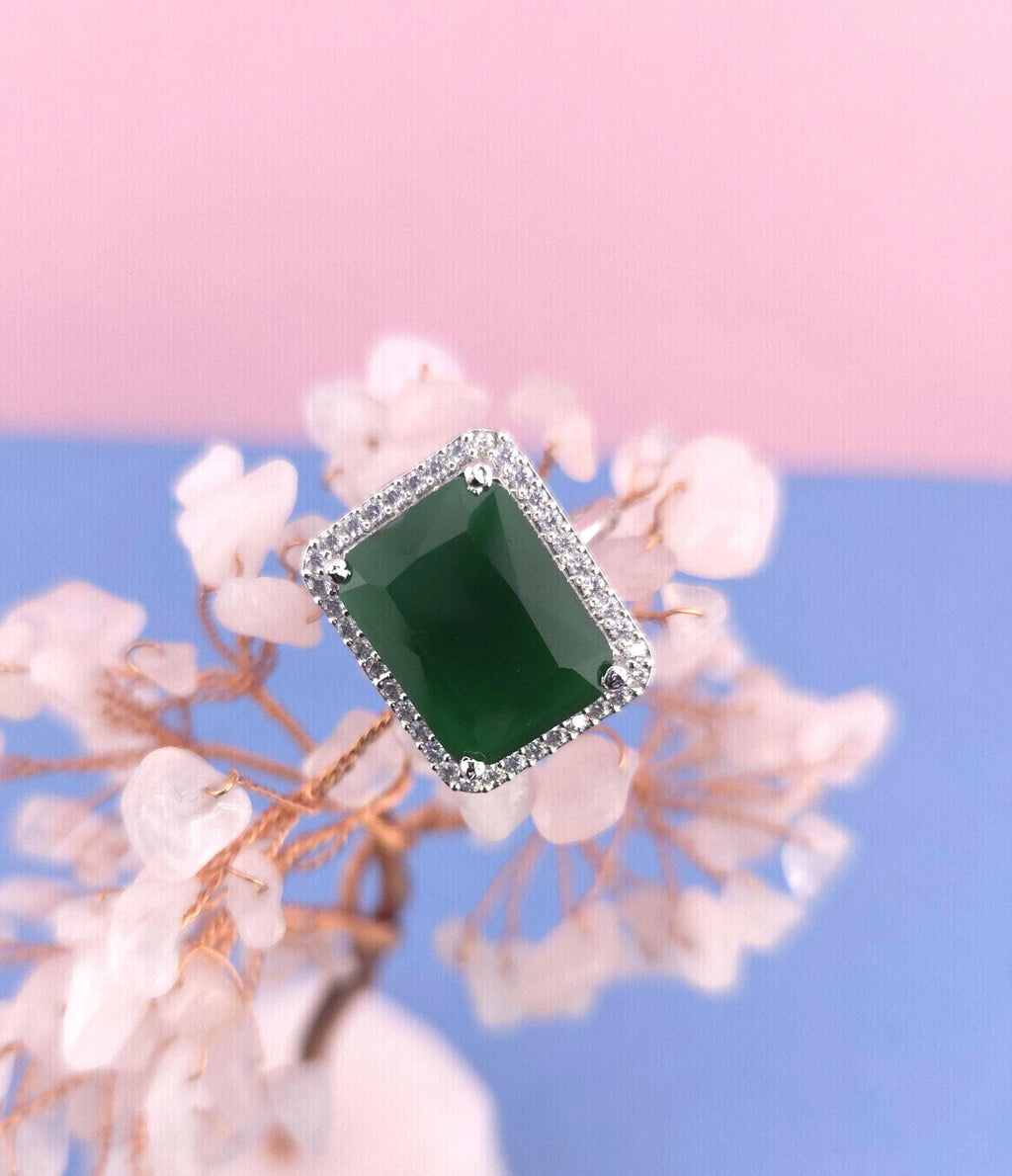 Silver Emerald Cut CZ Statement Ring | Adjustable Indian Cocktail Ring