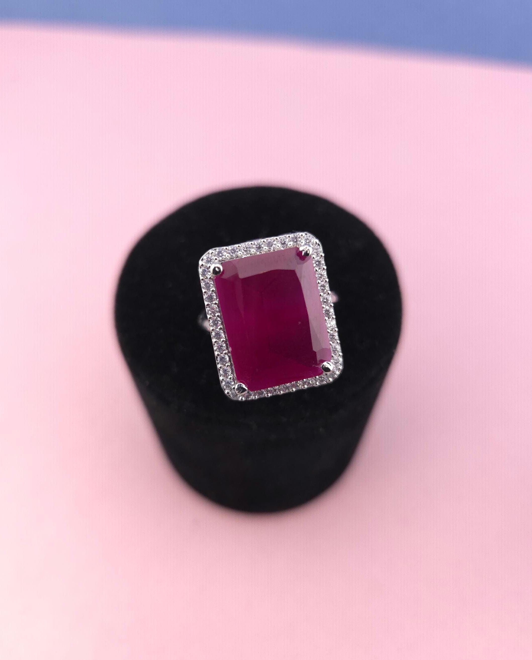 Silver Emerald Cut CZ Statement Ring | Adjustable Indian Cocktail Ring