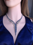 Blue Cubic Zirconia Bridal Necklace Set with Earrings, Silver-Tone Statement Jewelry