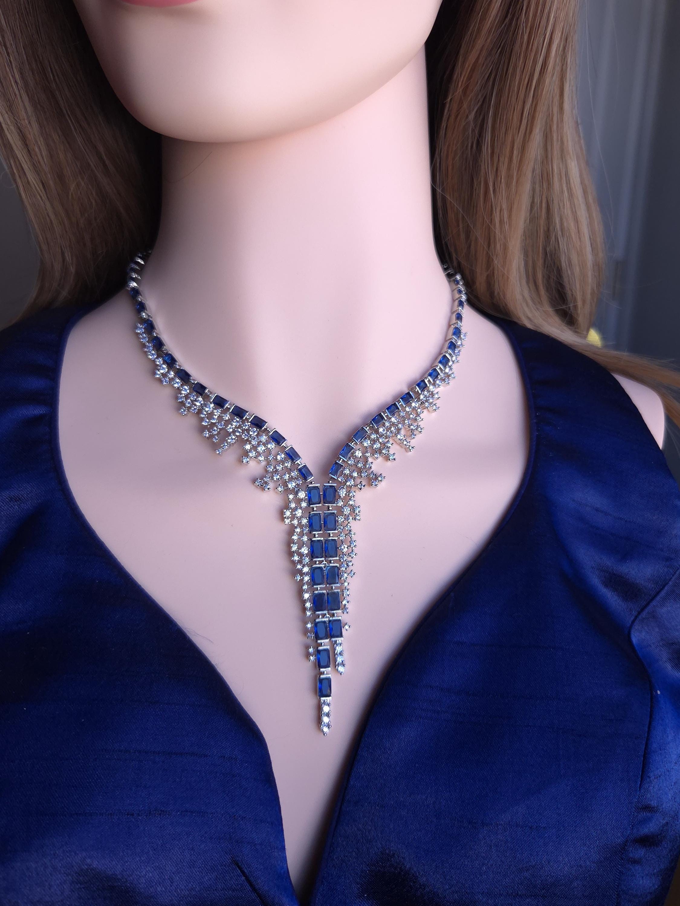 Blue Cubic Zirconia Bridal Necklace Set with Earrings, Silver-Tone Statement Jewelry