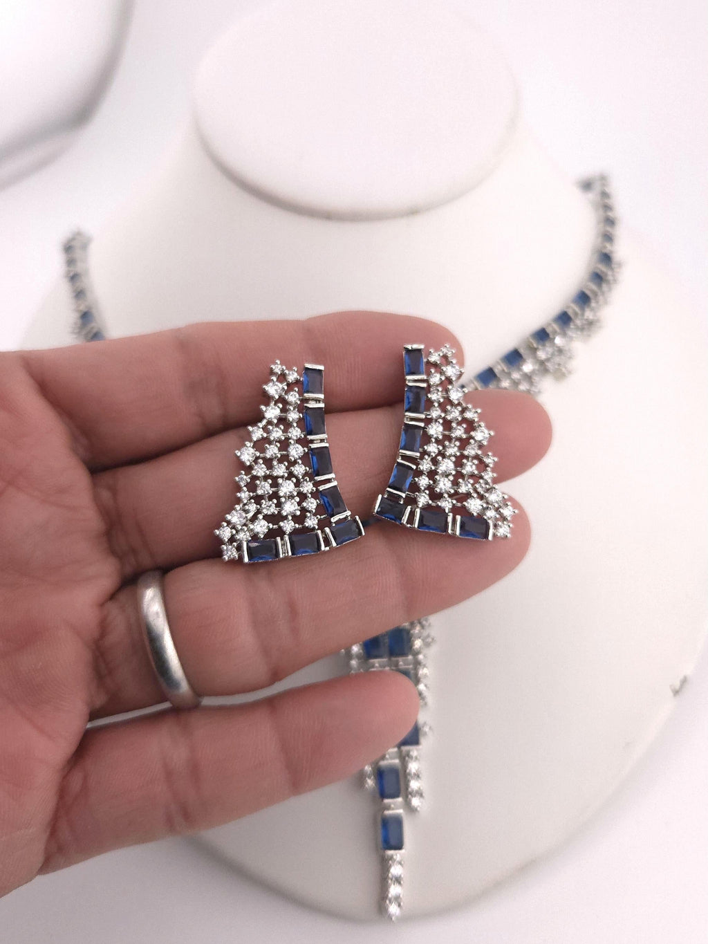 Blue Cubic Zirconia Bridal Necklace Set with Earrings, Silver-Tone Statement Jewelry