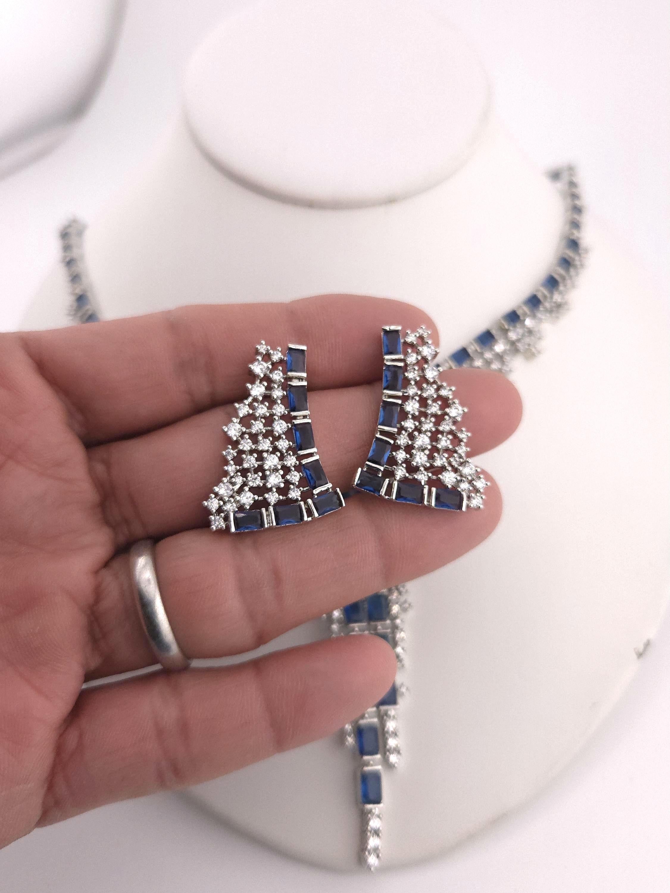Blue Cubic Zirconia Bridal Necklace Set with Earrings, Silver-Tone Statement Jewelry