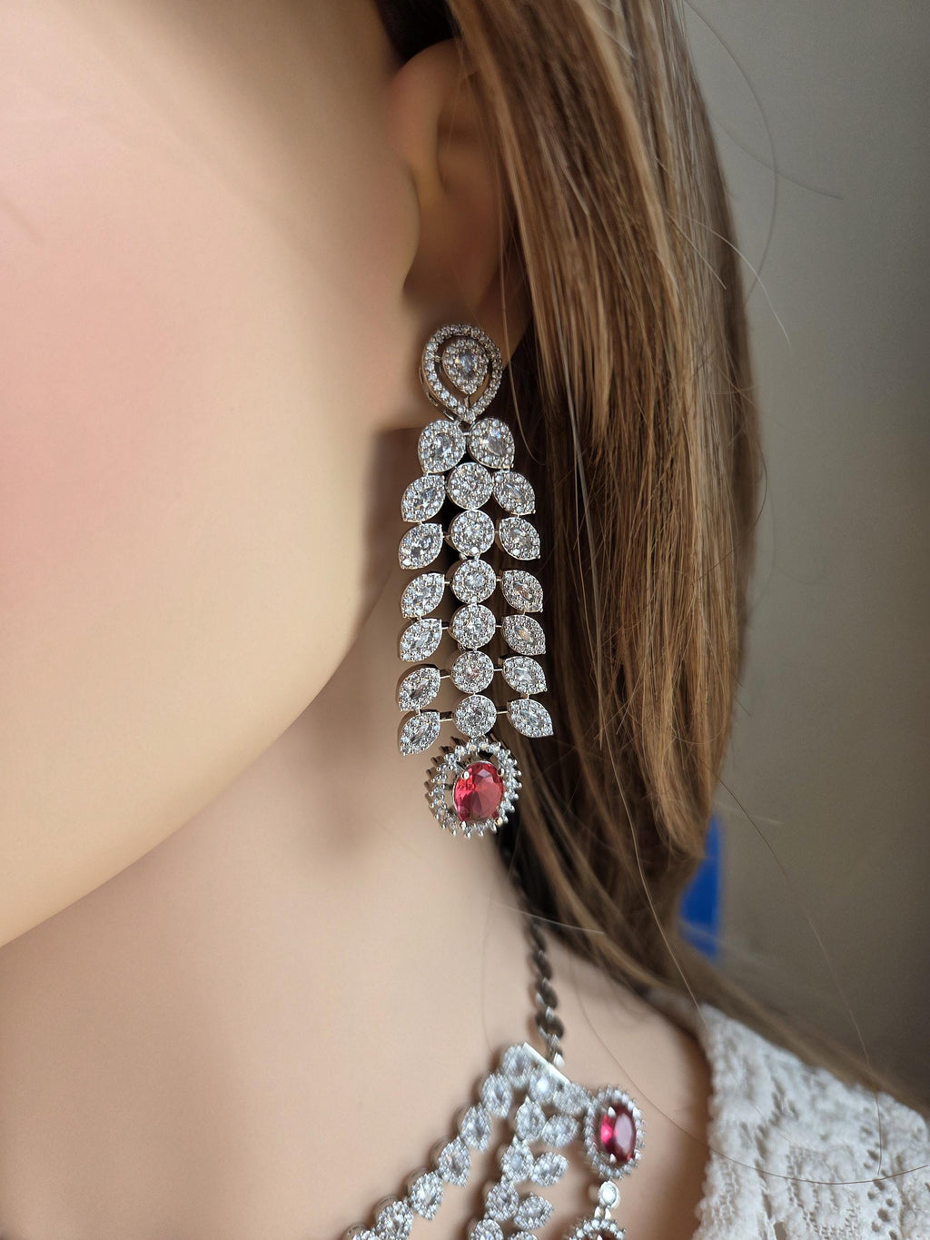 Ruby Red Bridal Necklace Set with American Diamonds – Silver Finish Wedding Jewelry