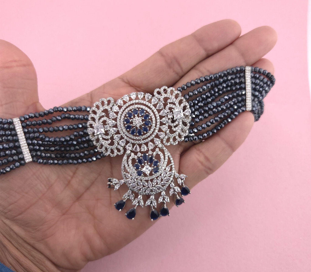Navy Blue Kundan Choker Necklace Set | Silver Finish Bridal Jewelry