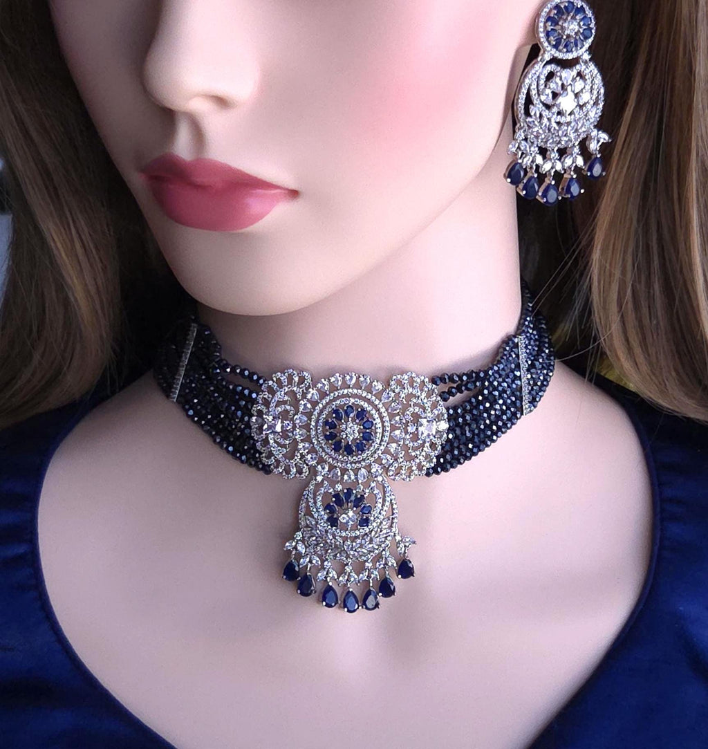 Navy Blue Kundan Choker Necklace Set | Silver Finish Bridal Jewelry
