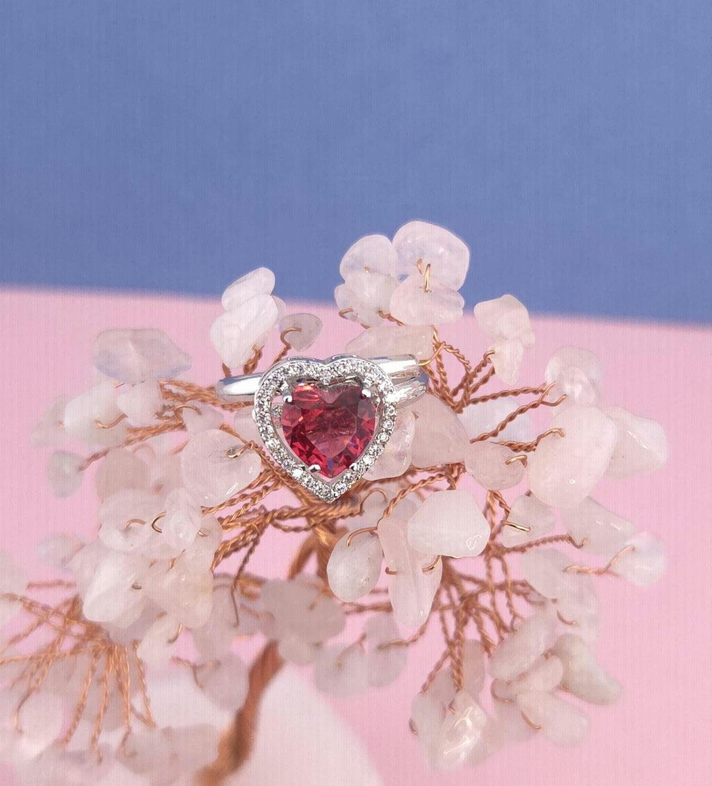 Red Heart CZ Ring | Adjustable Silver Band, Romantic Jewelry