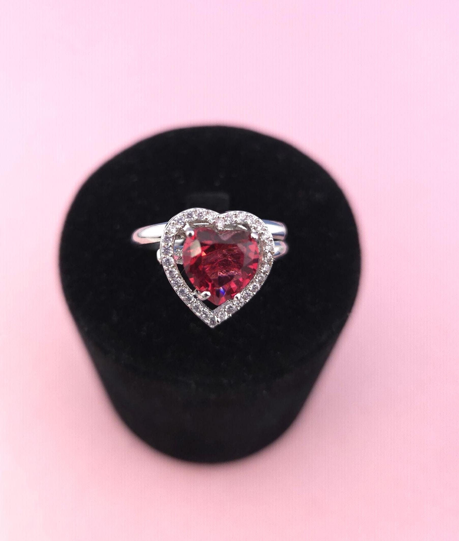 Red Heart CZ Ring | Adjustable Silver Band, Romantic Jewelry