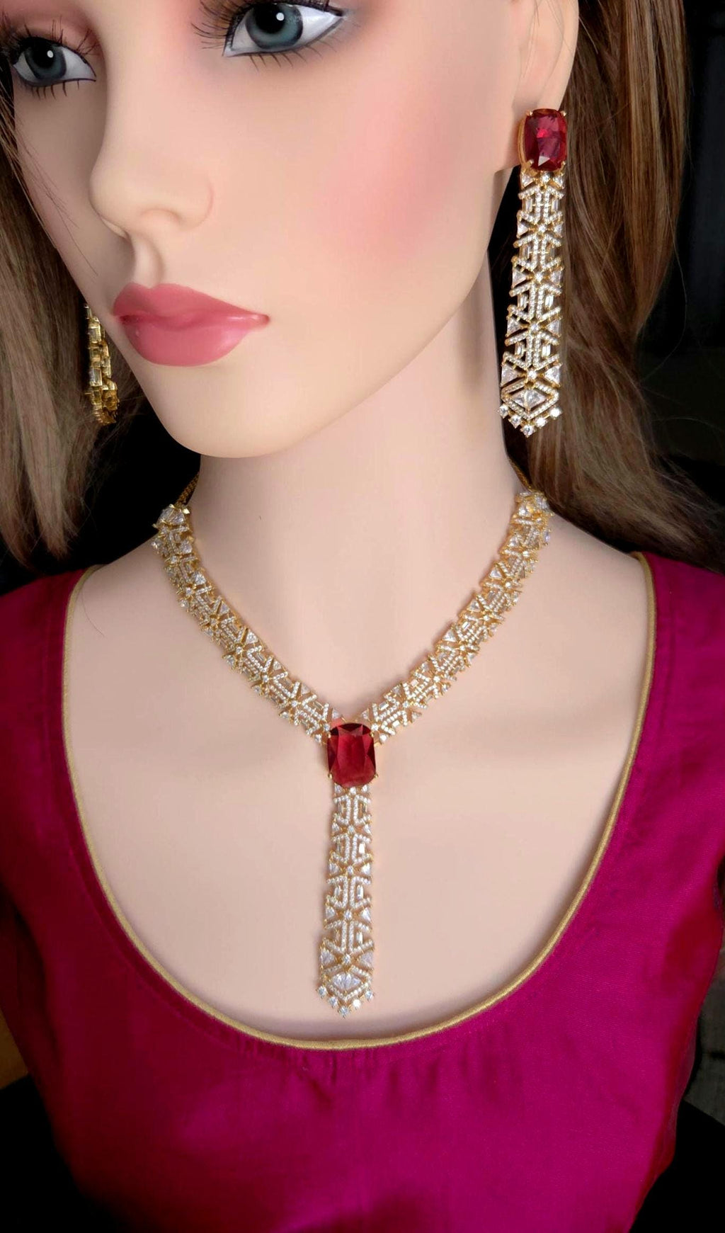 Ruby Red CZ V-Shape Long Pendant Necklace Set – Gold Plated Indian Bridal Jewelry
