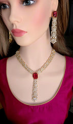 Ruby Red CZ V-Shape Long Pendant Necklace Set – Gold Plated Indian Bridal Jewelry