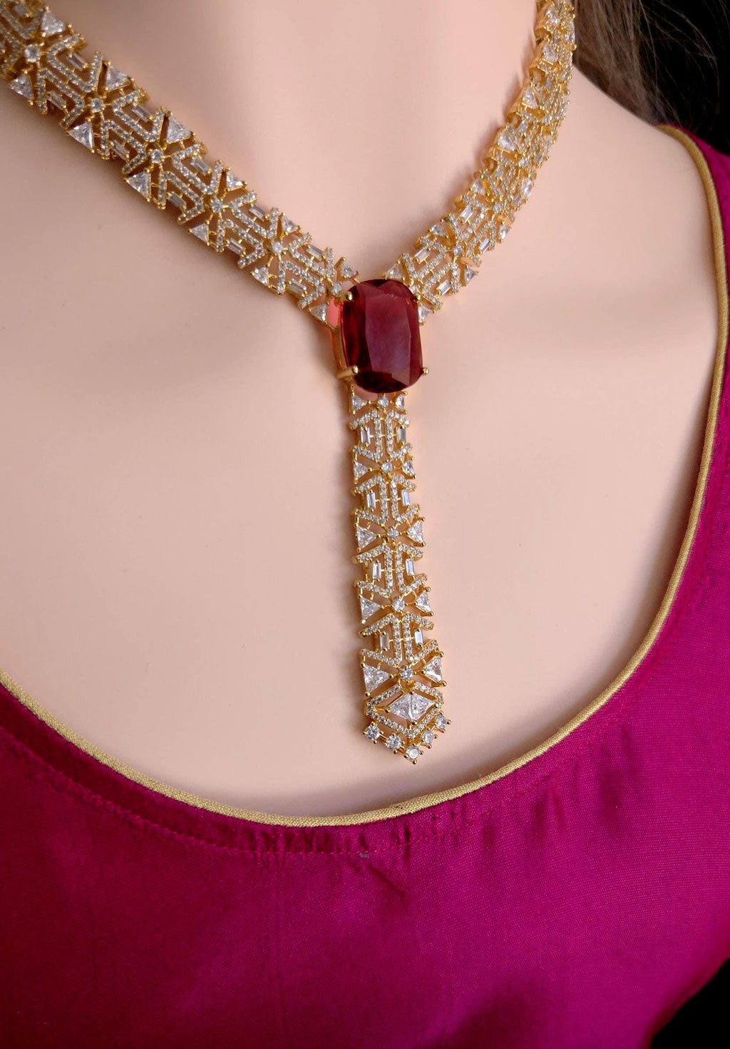 Ruby Red CZ V-Shape Long Pendant Necklace Set – Gold Plated Indian Bridal Jewelry