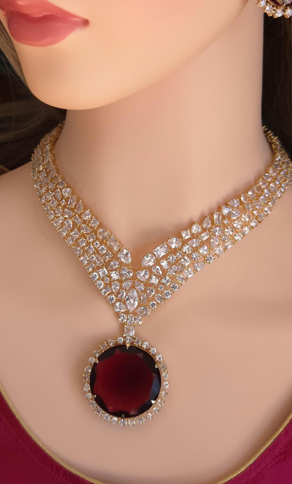 Ruby Red Stone CZ Choker Necklace Set – Gold Plated Indian Bridal Jewelry