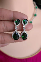 Silver Plated CZ Teardrop Necklace & Earrings Set – Bridal Wedding Jewelry, Multicolor, Green or Blue