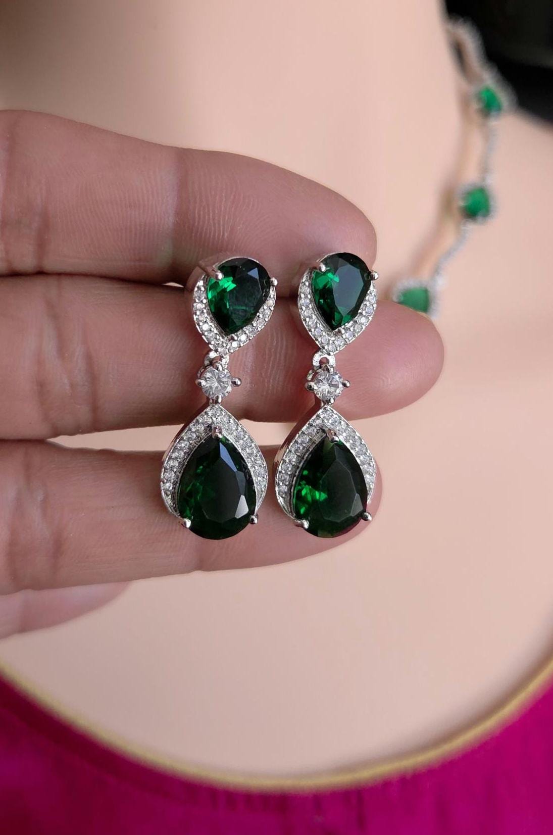 Silver Plated CZ Teardrop Necklace & Earrings Set – Bridal Wedding Jewelry, Multicolor, Green or Blue