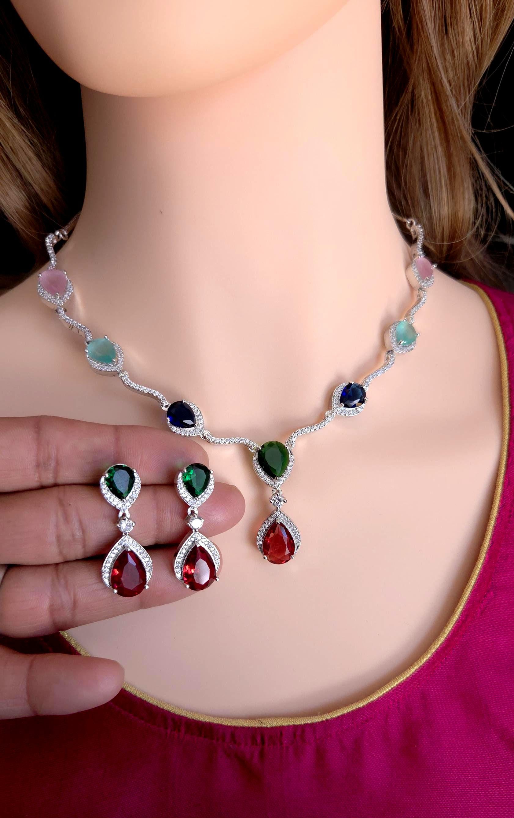 Silver Plated CZ Teardrop Necklace & Earrings Set – Bridal Wedding Jewelry, Multicolor, Green or Blue