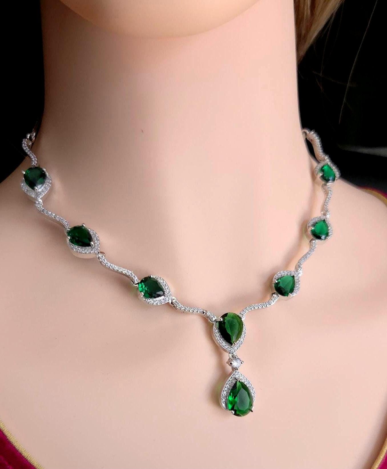Silver Plated CZ Teardrop Necklace & Earrings Set – Bridal Wedding Jewelry, Multicolor, Green or Blue
