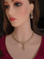 Gold Plated CZ Bridal Necklace & Earrings Set – Geometric Teardrop Pendant, Indian Wedding Jewelry