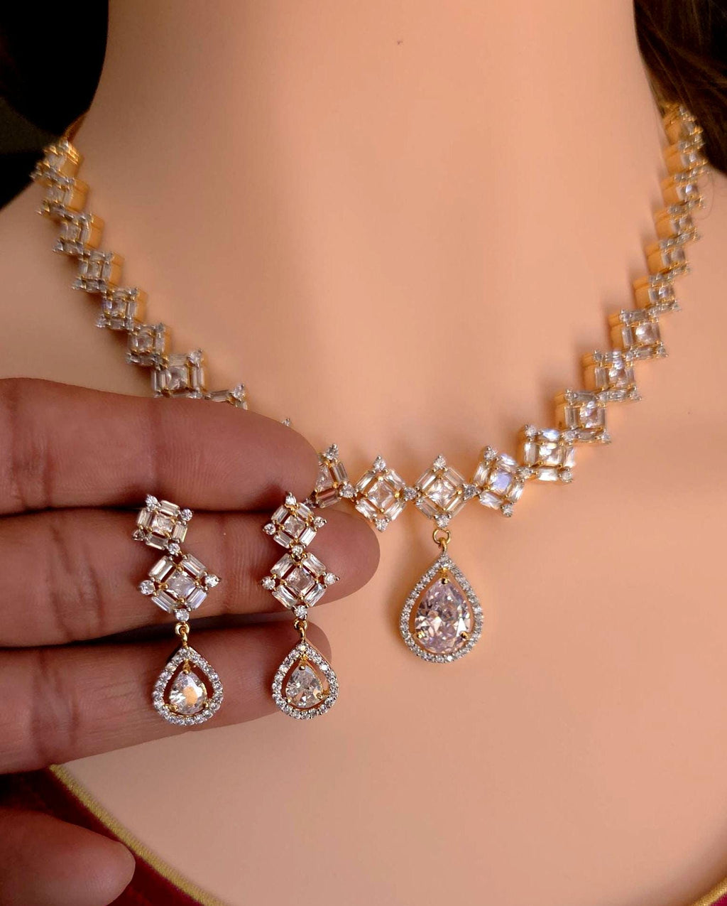 Geometric CZ Necklace & Earrings Set – Square Link Teardrop Pendant, Modern Bridal Jewelry