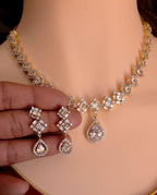 Geometric CZ Necklace & Earrings Set – Square Link Teardrop Pendant, Modern Bridal Jewelry