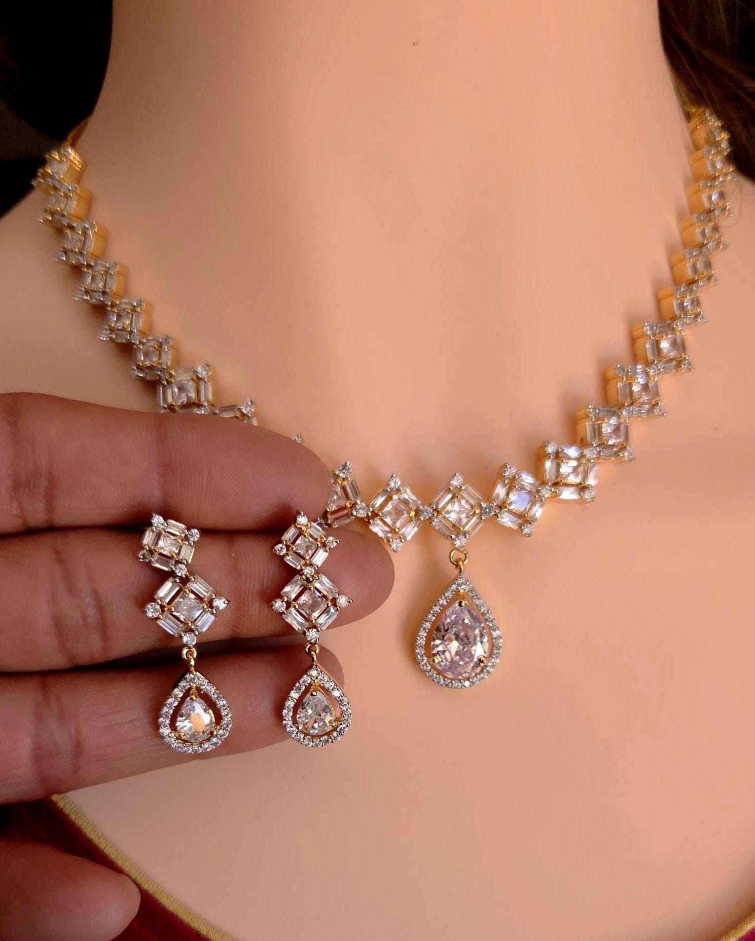 Geometric CZ Necklace & Earrings Set – Square Link Teardrop Pendant, Modern Bridal Jewelry