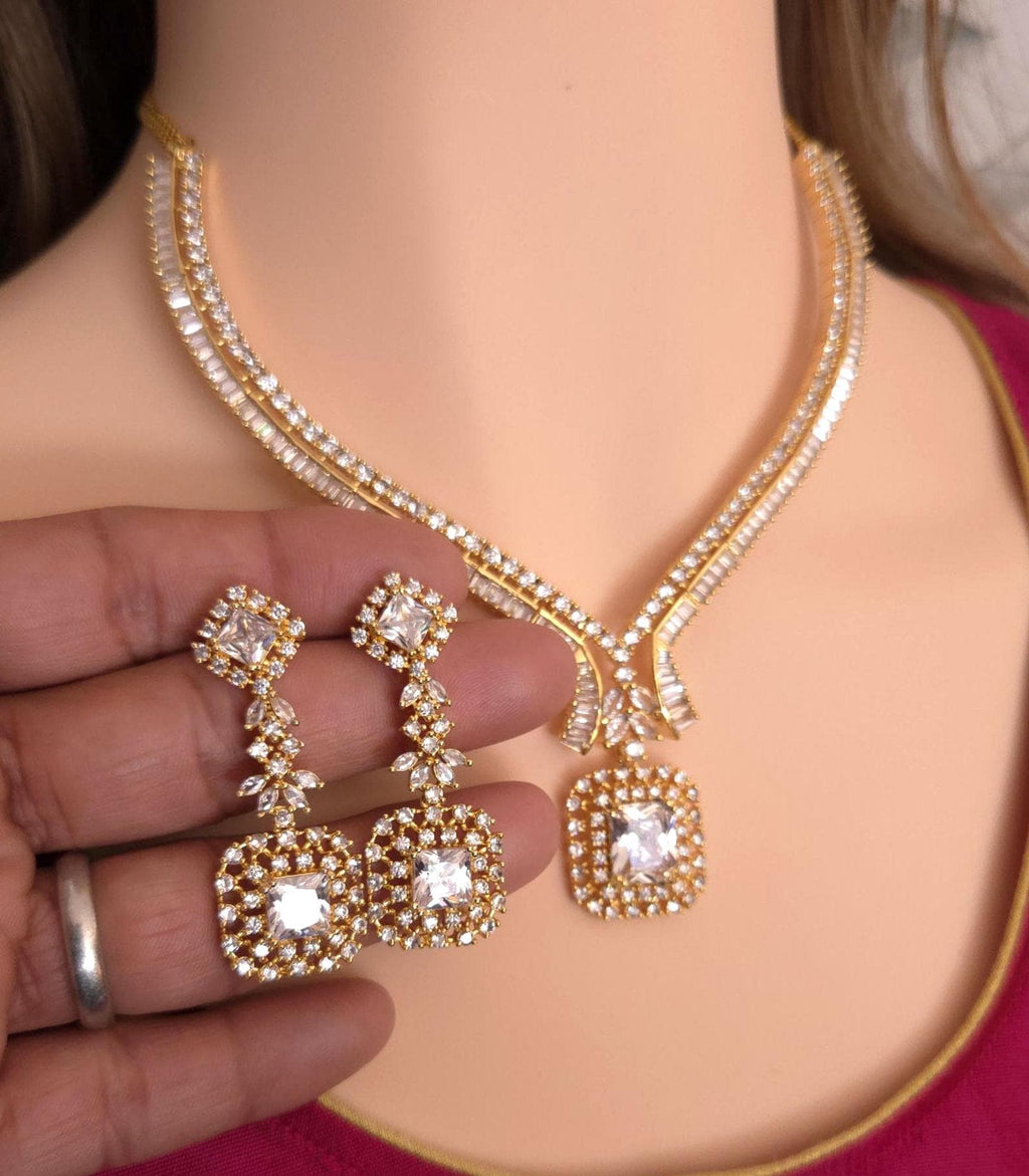 Gold Plated CZ V-Neckline & Square Drop Necklace Set – Indian Bridal Wedding Jewelry