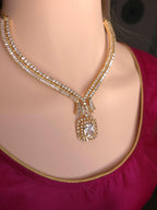 Gold Plated CZ V-Neckline & Square Drop Necklace Set – Indian Bridal Wedding Jewelry